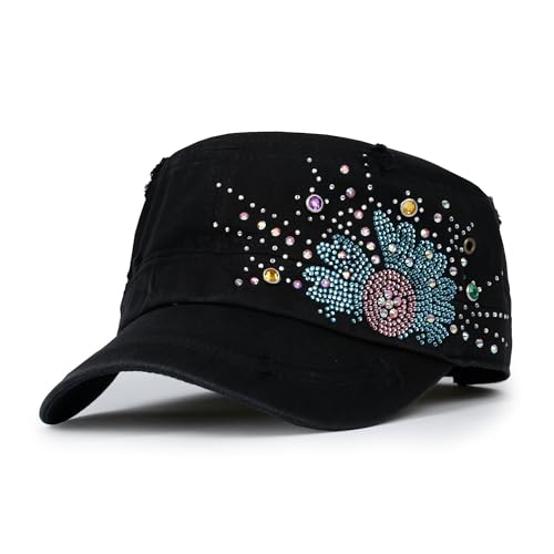ililily Rhinestone Cotton Cadet Cap Vintage Distressed Cotton Military Army Hat - color: Black-sunflower