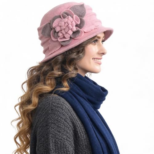 Vintage Women Floral Wool Dress Cloche Winter Hat 1920s - color: C020-d-light Pink
