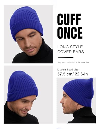 vidsel 50% Wool Double Cuff Beanie Hat for Men Women, Warm Winter Knit Cap - color: Blue