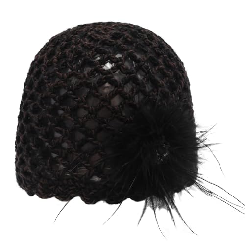 ZLYC Women Crochet Beanie Hat Summer Handmade Knit Decorated Skull Cap - color: Feather Black Mixed Brown Black