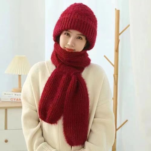 Women Winter Warm Elastic Soft Ear Protection Knitted Scarf Hat Fleece Lined Beanie Hat - color: Red