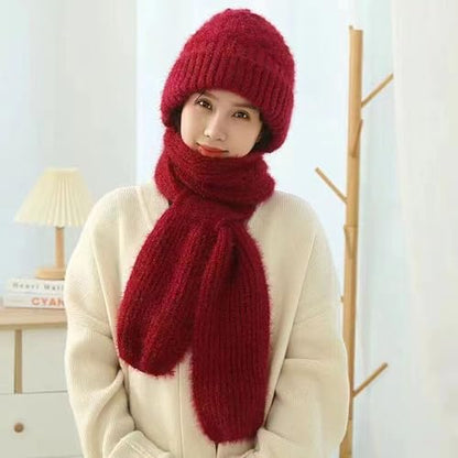 Women Winter Warm Elastic Soft Ear Protection Knitted Scarf Hat Fleece Lined Beanie Hat - color: Red