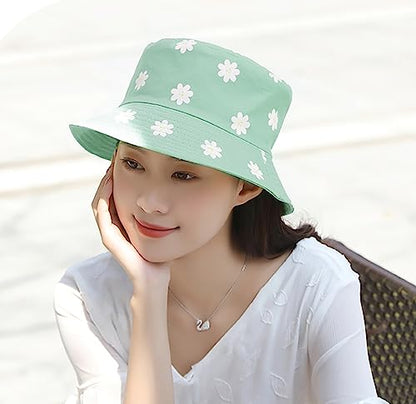 Unisex Bucket Hat Beach Sun Hat Aesthetic Fishing Hat for Men Women Teens, Reversible Double-Side-Wear - color: Flower Green