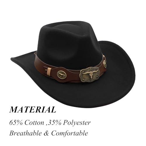 Western Cowboy Hat for Men Cowgirl Hat for Women Unisex Wide Brim Felt Fedora Hats Classic Cowboy Hats - color: Black