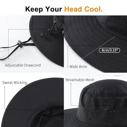 Home Prefer UPF50+ Mens Sun Hat Wide Brim Womens UV Protection Beach Bucket Hat for Fishing Hiking Snap Up Cowboy Hat - color: Black