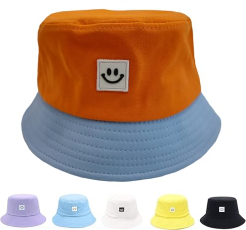 Kids Sun Hat Smile Face Bucket Hat for Girls Boys Summer Sun Protection Cotton Unisex Beach Cap - color: Orange&turquois