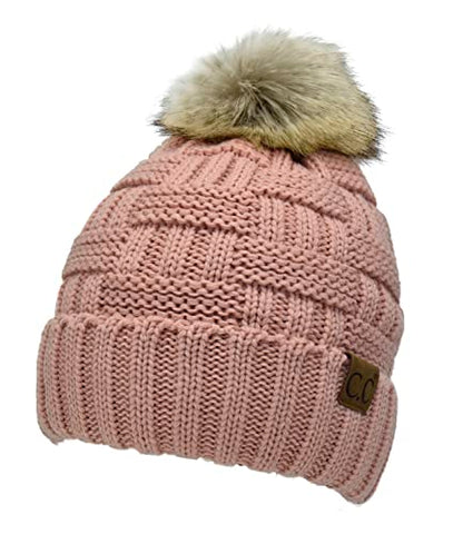 C.C Knit Beanie Hat – Fuzzy Fleece Lined Warm Winter Hat, Faux Fur Pom Soft Stretchy Slouchy Knit Cap, Cold Weather Beanie - color: Indi Pink
