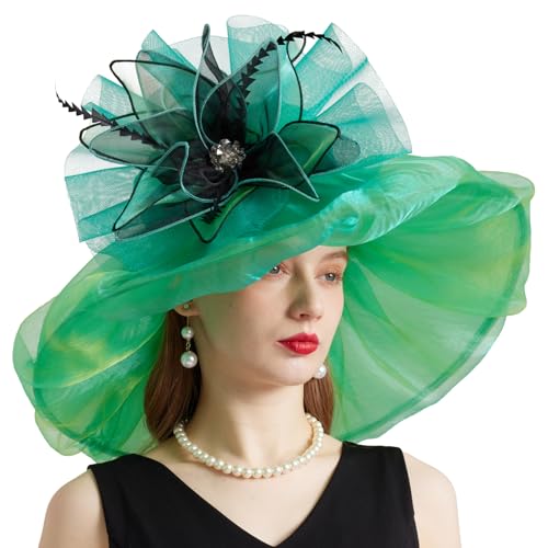 Women Organza Church Derby Hat Wide Brim Sun Caps for Wedding Tea Party Hat with Detachable hat Flower as Headgear - color: 10-green