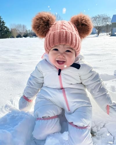 FURTALK Toddler Winter Hat Knit Beanie Double Faux Fur Pompoms Girls Boys - color: Rose Red, size: 6-24 Months