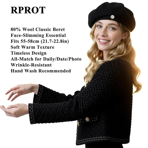 Sophisticated French Chic Women's Wool Blend Beret with Metal Detail - Artist Hat for Style & Creative 21.7-22.8 in