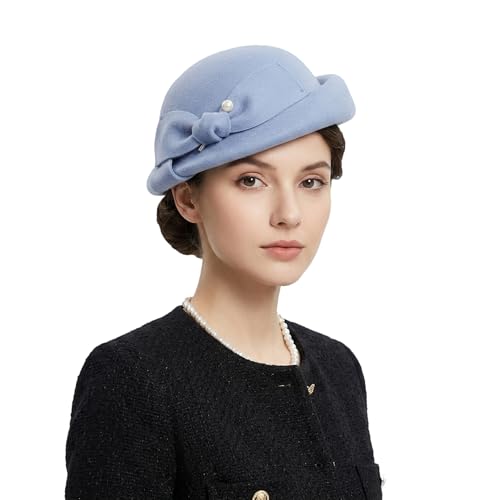 Vintage Wool Felt Cloche Bucket Bowler Hat Women Church Wedding Fascinator Formal Dress Hat Winter Fedoras - color: Sky Blue