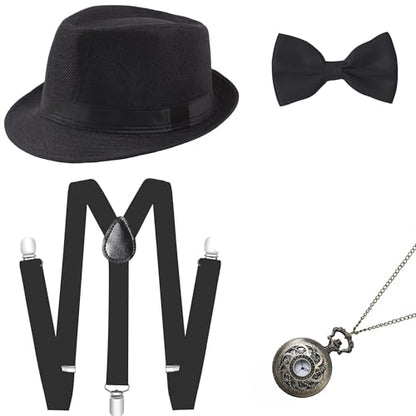 BABEYOND 1920s Mens Gatsby Gangster Accessories Set Panama Hat Suspender Bow Tie - color: Black Set