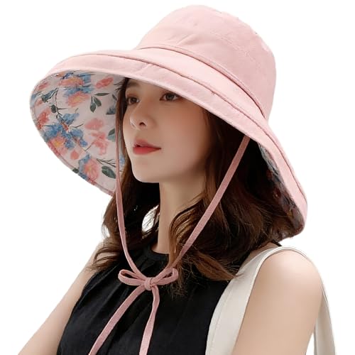 HUAMULAN Women Wide Brim Reversible Sun Hat Summer Beach Fishing Bucket - color: Pink Floral
