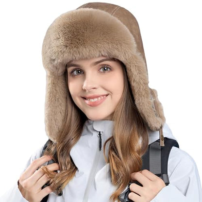 Women Winter Trapper Hat Ushanka Warm Sherpa Beanie Knit Ear Flap - color: Brown