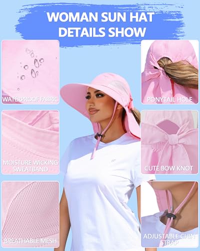 Womens Sun Hat Outdoor UV Protection Wide Brim Fishing Hat with Ponytail Hole Neck Flap for Beach Hiking Camping - color: Sun Hat-pink