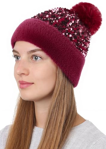 Babalet Winter Beanie Hats for Women Velvet Sequined Slouchy Skull Warm Fuzzy Pompon Cap Outdoor Windproof Ski Knit Cap - color: Burgundy