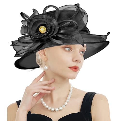 Women's Kentucky Derby Church Dress Hat Wide Brim Leaf Flower Bridal Shower Hat - color: F9 Black
