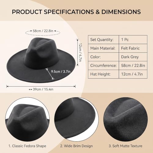 Classic Wide Brim Felt Fedora Hat for Men Women - color: Grey