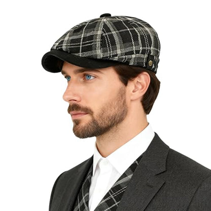 Men's Faux Woolen Tweed Plaid Ivy Cabbie Gatsby Newsboy Golf Paperboy Hat Cap - color: 877black