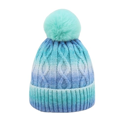 Unisex Colorful Ombre Beanie Winter Cuffed Cable Knitted Hat with Pompom - color: Blue