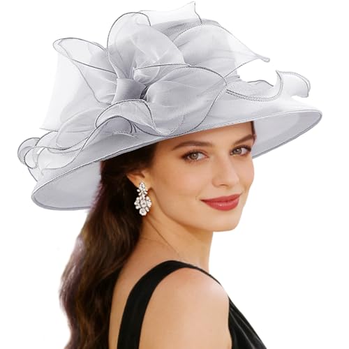 AQOKKA Women Organza Church Fascinators Kentucky Derby Hats for Women and Girls Wedding Flower Tea Party Hat with Wide Brim - color: Organza Big Bow : Grey