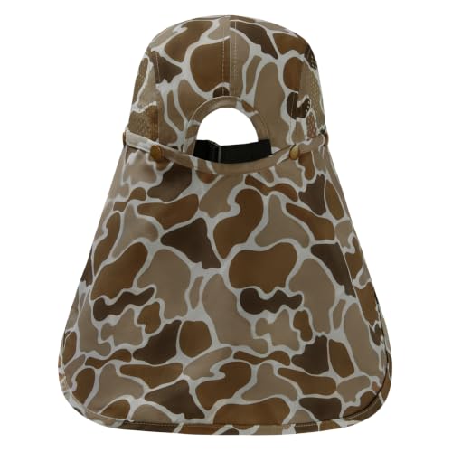 BASSDASH UPF 50+ Fishing Hat, Baseball Cap with Removable Neck Flap - color: Camel Brown Block Camo With Foldable Brim
