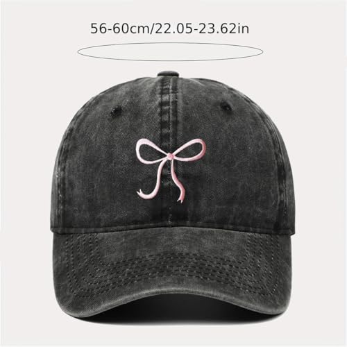 Bow-Tie Baseball Cap for Women Vintage Washed Cotton Adjustable Distressed Embroidered Dad Hat - color: Black