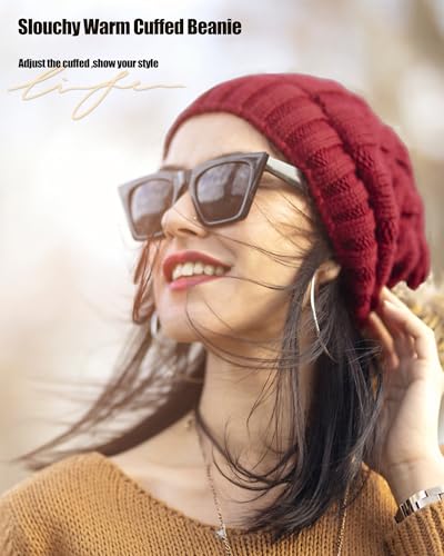 Fleece Lined Wool Beanie Hat Women Men,Winter Knit Chunky Snow Cap - color: 1-wine Red