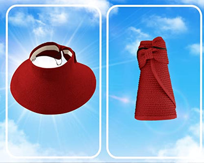 Straw Sun Visor for Women, Wide Brim UPF 50+ Protection Beach Hat, Adjustable, Roll Up Foldable Ponytail Cap with Chin Strap - color: Red