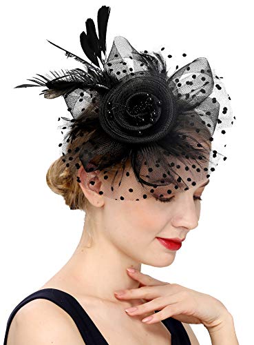 Fascinators Hat for Women Tea Party Headband Kentucky Derby Wedding Flower Cocktail Mesh Feathers Hair Clip - color: 1-a-black Set
