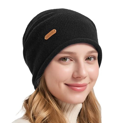 ACUSHLA 100% Merino Wool Slouchy Beanie for Women Men Winter Hat Skull Cap - color: Black