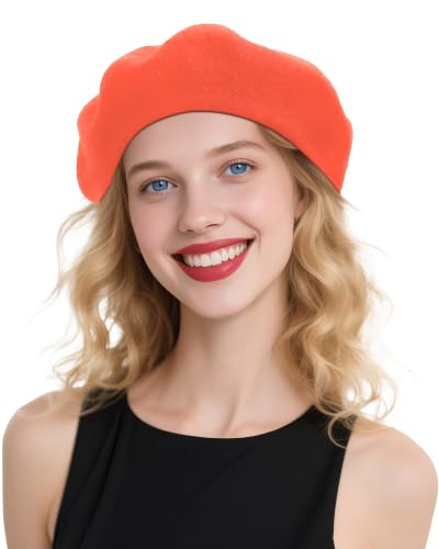French Beret Hats for Women - Wool Solid Color Beanie Cap - color: Orange