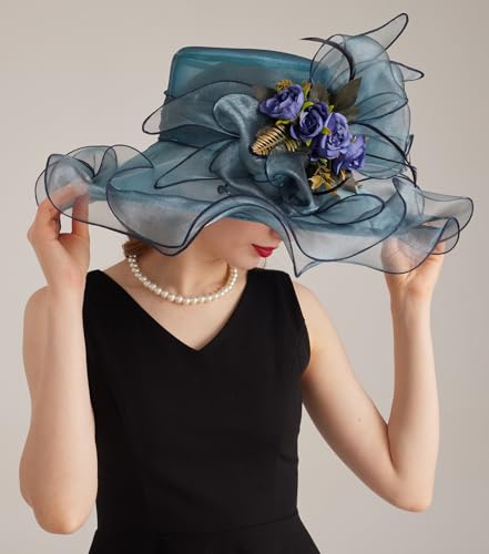 Women Derby Church Hat Organza Flower Wedding Tea Party Fascinator Wide Brim Sun Hat - color: 13-cyan