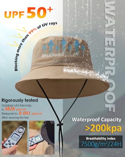 Water-Resistant Bucket Hat for Women Men Rain Hat UPF 50+ Boonie Sun Hat - color: Khaki