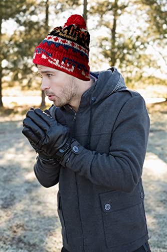 TINKUY Peru Alpaca Wool Winter Beanie, Handmade Bobble Hat, Unisex, One Size - color: Red