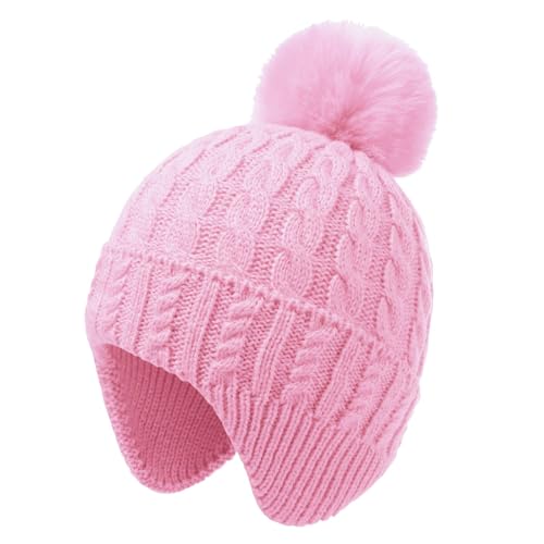 Toddler Baby Winter Hat with Earflap Kids Warm Twisted Knit Hat Infant Pom Pom Beanie Ski Cap for Baby Girls Boys - color: Pink, size: 6-24 Months
