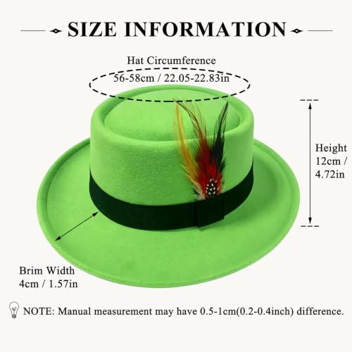 Classic Pork Pie Hat with Feathers Flat Top Fedora, Vintage Panama Hats, Warm Comfortable Jazz Cap - color: Green