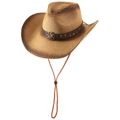 AQOKKA Straw Cowboy Hats for Women Men Western Cowgirl Hats with Shapeable Brim Woven Hollow Out Unisex Beach Roll Up Caps - color: Spray-painted Cowboy Hats : Coffee+khaki