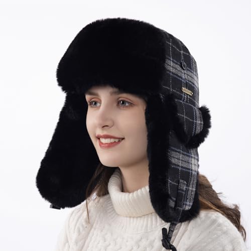 Unisex Winter Trapper Hat Cold Proof Keep Warm Hat with Ear Flaps for Hunting Skiing Trooper Outdoor Activities - color: Dark Plaid Series-black, size: Medium-Large