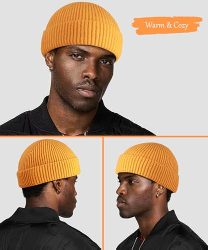 Heniho Wool Fleece Lined Fisherman Beanie for Men, Winter Warm Hats Cuffed Knit Watch Cap Trawler Hat - color: 1pack E- Yellow