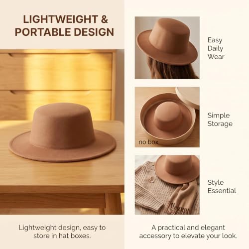 Black Flat Top Fedora Hat, Wool Blend Derby Cap Classic Formal Hat for Events & Daily Wear - color: Khaki