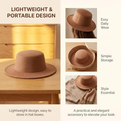 Black Flat Top Fedora Hat, Wool Blend Derby Cap Classic Formal Hat for Events & Daily Wear - color: Khaki