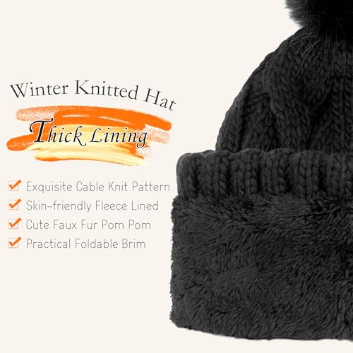 FZ FANTASTIC ZONE Womens Pom Pom Winter Warm Beanie Hat Cap Fleece Lined - color: Black