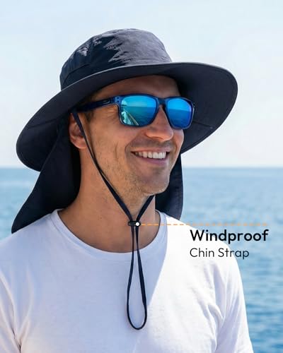Sun Hats for Men Wide Brim Bucket Hat with Neck Flap for Fishing & Hiking Mens Sun Hat for UV Protection - color: Navy Blue