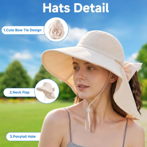 Womens Ponytail Hole Sun Hat with Neck Flap Outdoor UPF 50+ - color: Beige