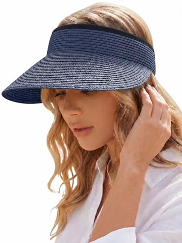 Sun Visor Hat for Women Summer Beach Vacation Essential Ponytail Friendly Travel Foldable Packable UPF 50+ - color: Navy