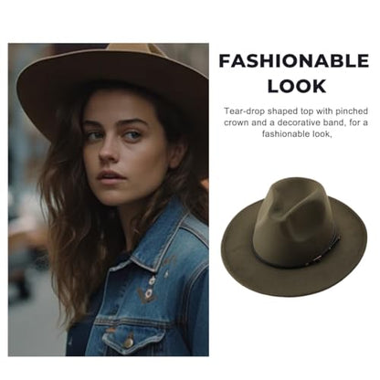 Unisex Womens Mens Adjustable Classic Wide Brim Belt Buckle Fedora Hat Felt Panama Hat Church Jazz Cap - color: Army Green, size: Medium-Large
