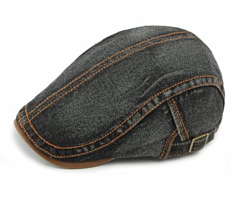 QHFHULV Newsboy Cap for Men Cotton Flat Gatsby Ivy Golf Cabbie Driving Hat - color: Denim Black