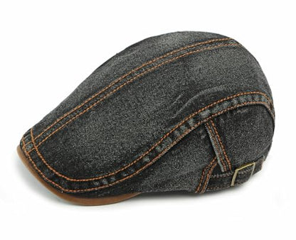 QHFHULV Newsboy Cap for Men Cotton Flat Gatsby Ivy Golf Cabbie Driving Hat - color: Denim Black