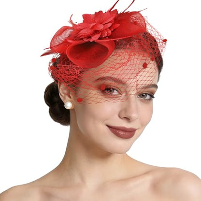 Semato Fascinators Hats for Women Mesh Feathers Elegant Red Tea Party Kentucky Hat Derby Headband with Hair Clip - color: Red